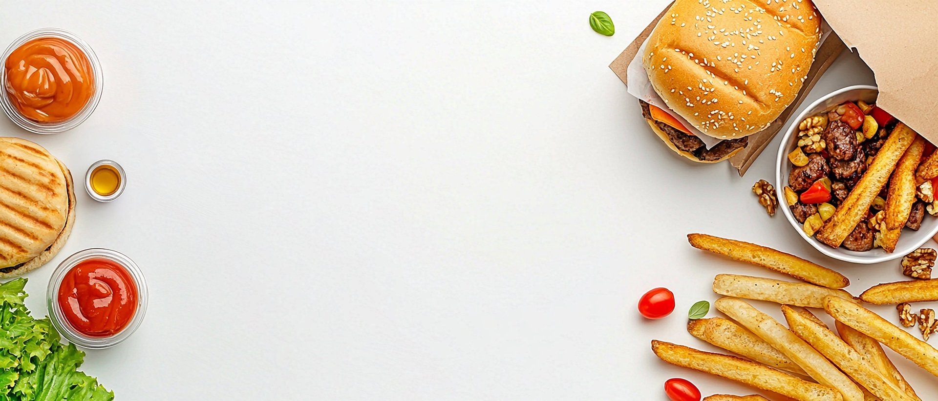Top view of fast food items including burgers, hot dogs with toppings, fries, and condiments on white background